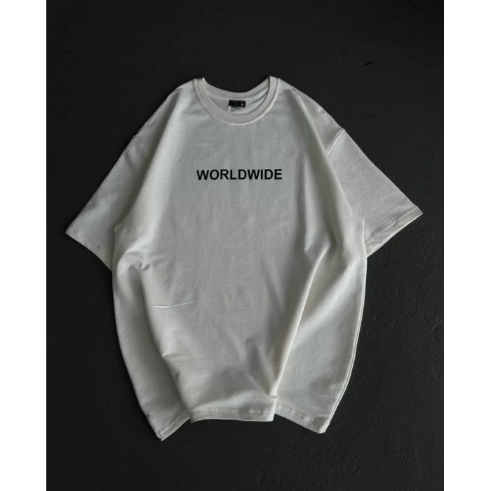 Unisex Bisiklet Yaka Baskılı Oversize T-Shirt - Beyaz