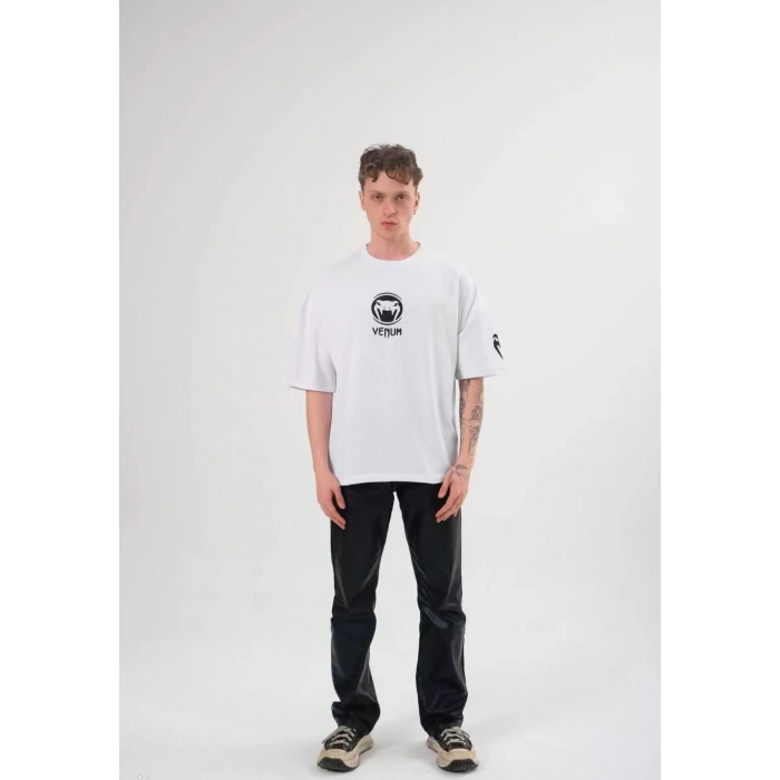 Unisex Bisiklet Yaka Baskılı Oversize T-Shirt - Beyaz