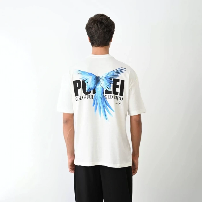 Unisex Bisiklet Yaka Baskılı Oversize T-Shirt - Beyaz