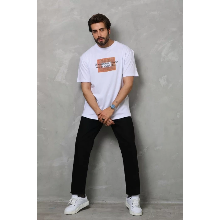 Unisex Bisiklet Yaka Baskılı Oversize T-Shirt - Beyaz