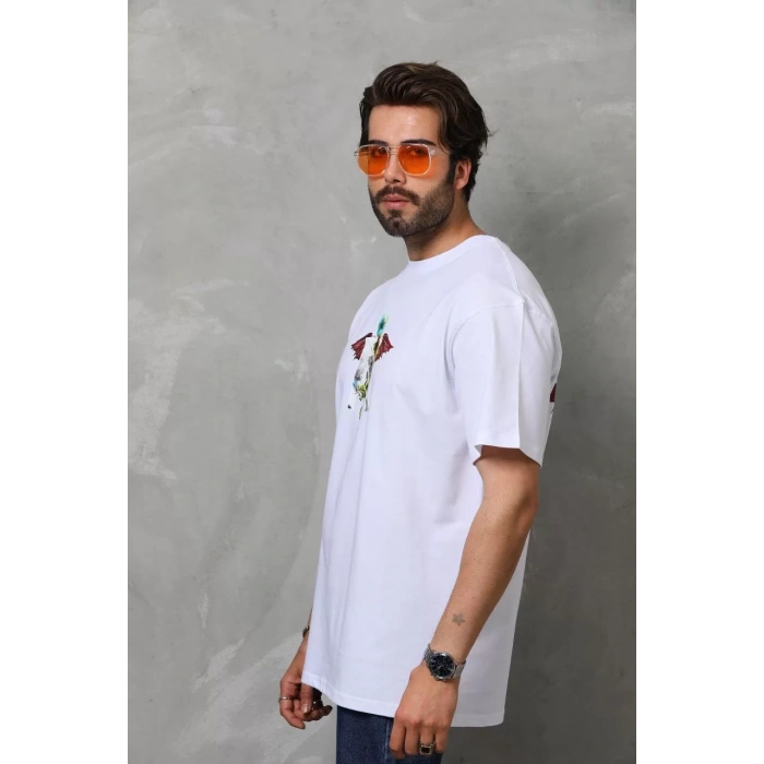 Unisex Bisiklet Yaka Baskılı Oversize T-Shirt - Beyaz