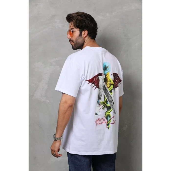 Unisex Bisiklet Yaka Baskılı Oversize T-Shirt - Beyaz