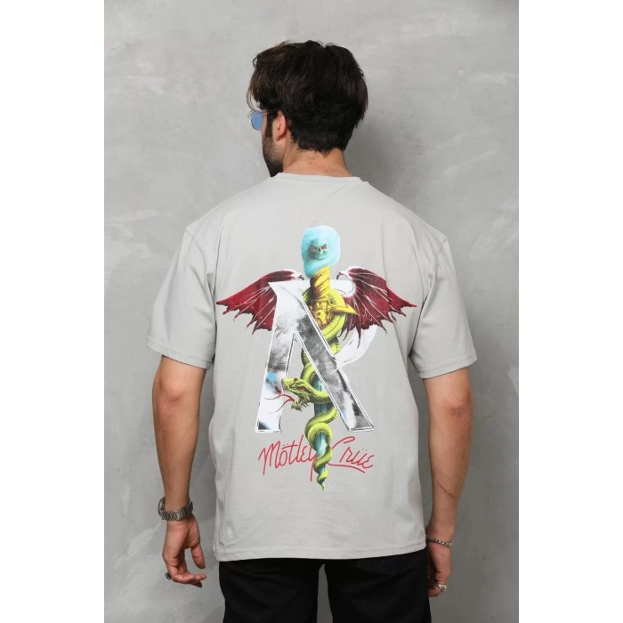 Unisex Bisiklet Yaka Baskılı Oversize T-Shirt - Gri