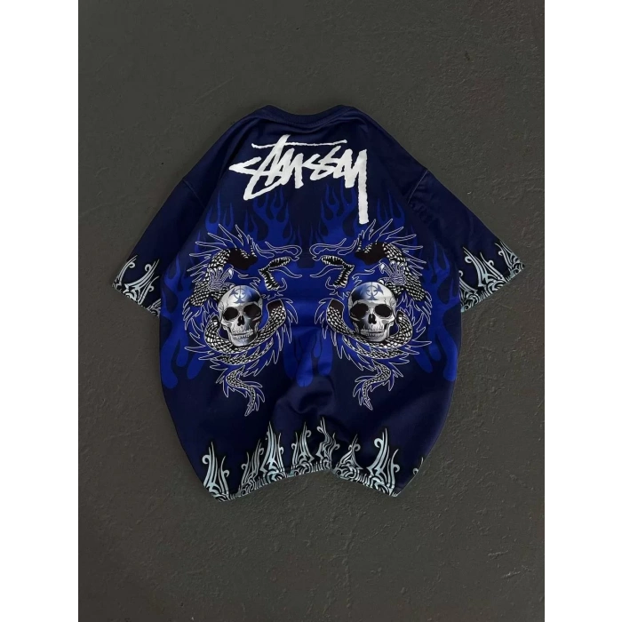 Unisex Bisiklet Yaka Baskılı Oversize T-Shirt - Lacivert