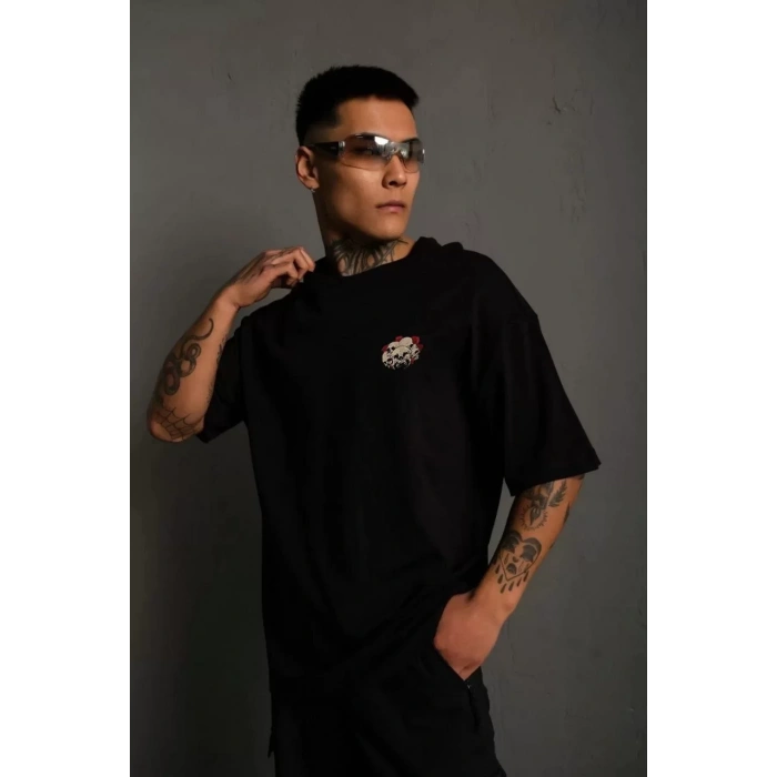 Unisex Bisiklet Yaka Baskılı Oversize T-Shirt - Siyah