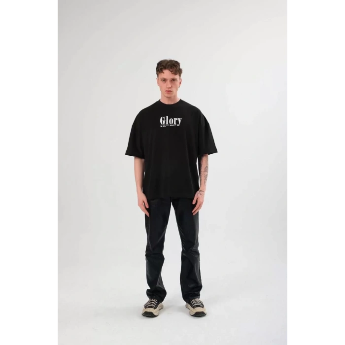 Unisex Bisiklet Yaka Baskılı Oversize T-Shirt - Siyah