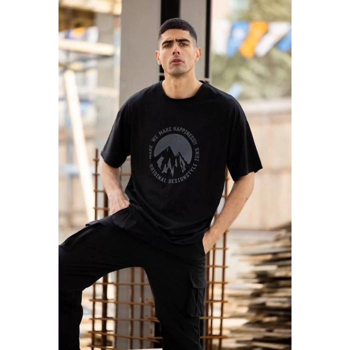 Unisex Bisiklet Yaka Baskılı Oversize T-Shirt - Siyah