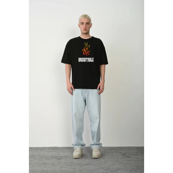 Unisex Bisiklet Yaka Baskılı Oversize T-Shirt - Siyah