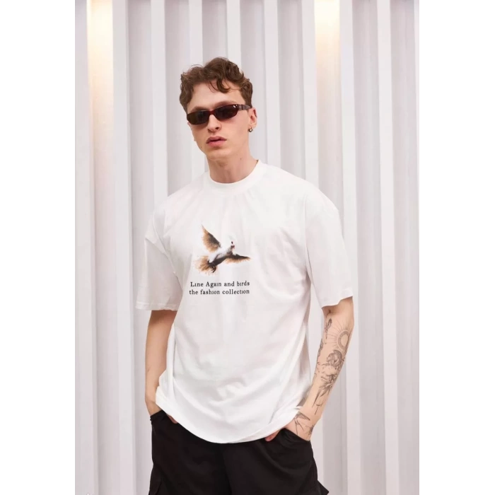 Unisex Bisiklet Yaka Baskılı Oversize T-Shirt - Siyah