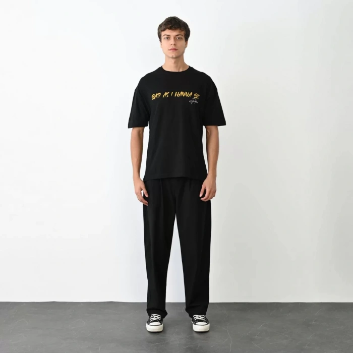 Unisex Bisiklet Yaka Baskılı Oversize T-Shirt - Siyah