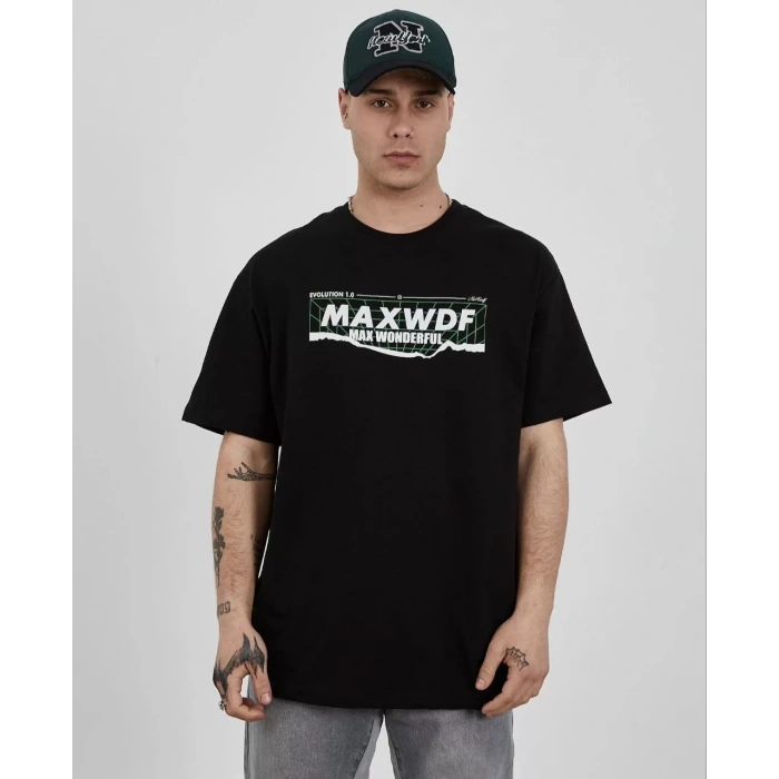 Unisex Bisiklet Yaka Baskılı Oversize T-Shirt - Siyah