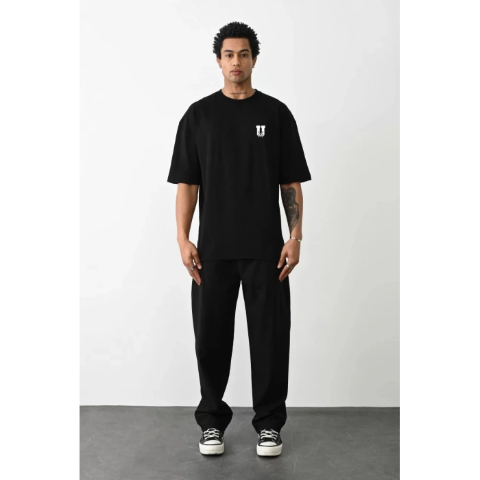 Unisex Bisiklet Yaka Baskılı Oversize T-Shirt - Siyah