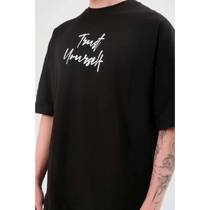 Unisex Bisiklet Yaka Baskılı Oversize T-Shirt - Siyah