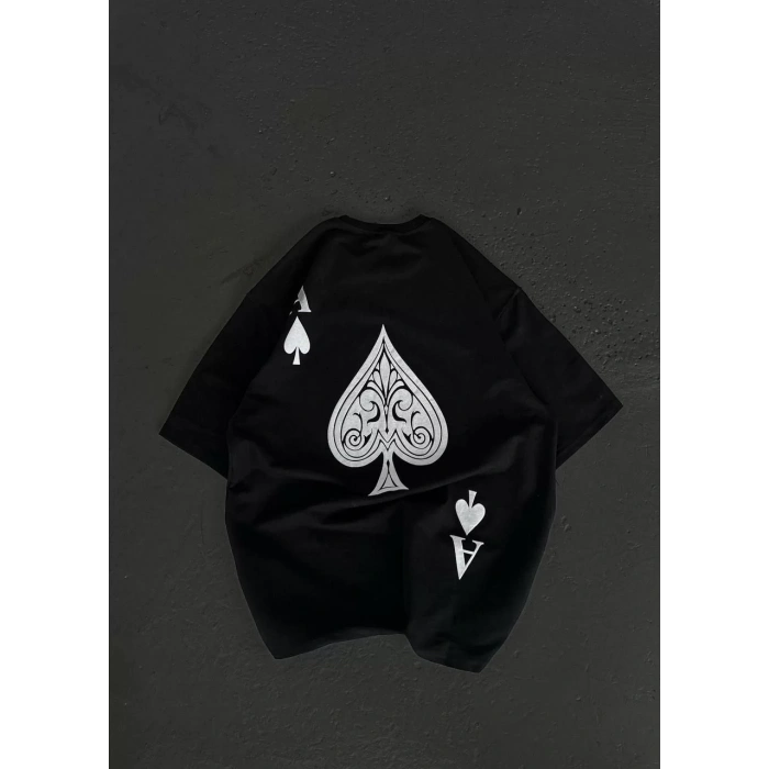 Unisex Bisiklet Yaka Baskılı Oversize T-Shirt - Siyah