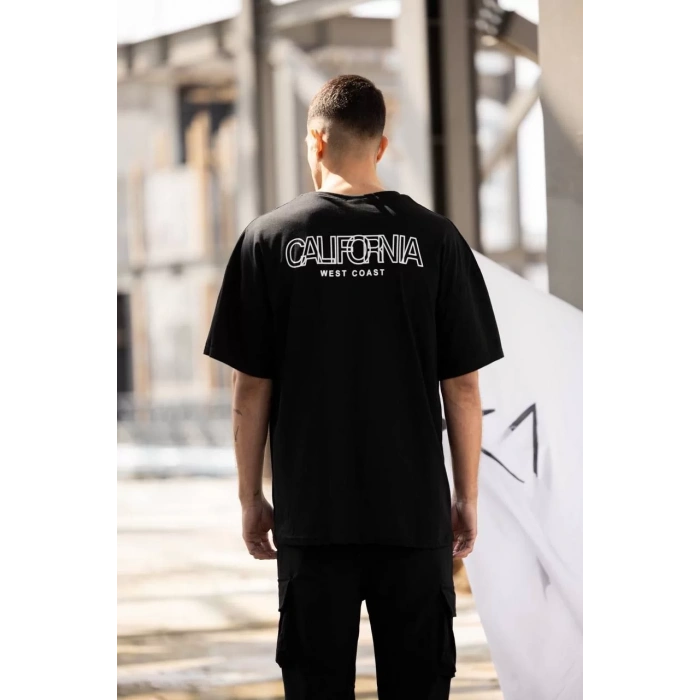 Unisex Bisiklet Yaka Baskılı Oversize T-Shirt - Siyah