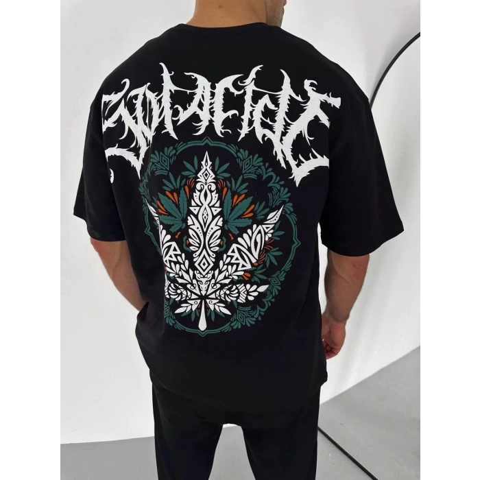 Unisex Bisiklet Yaka Baskılı Oversize T-Shirt - Siyah