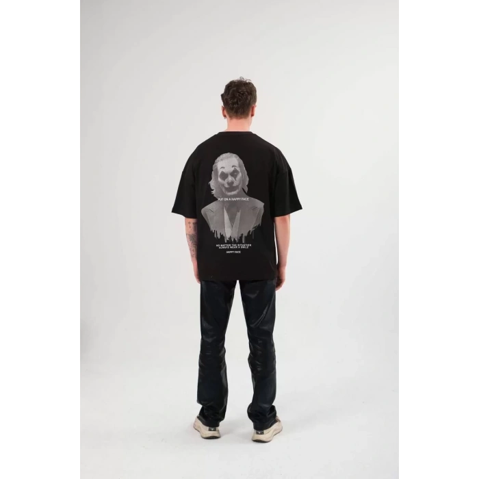 Unisex Bisiklet Yaka Baskılı Oversize T-Shirt - Siyah