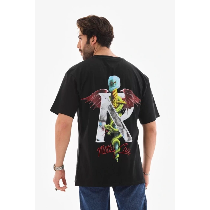 Unisex Bisiklet Yaka Baskılı Oversize T-Shirt - Siyah