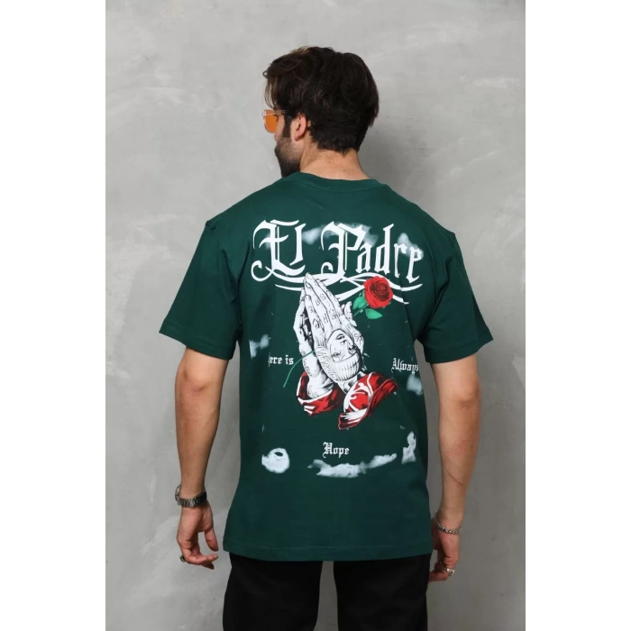 Unisex Bisiklet Yaka Baskılı Oversize T-Shirt - Yeşil