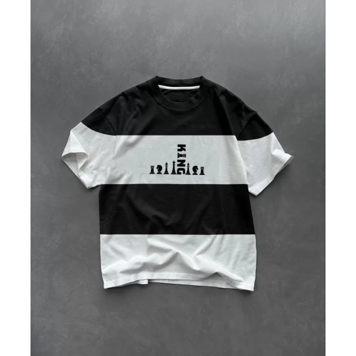 Unisex Bisiklet Yaka Baskılı Parçalı Oversize T-Shirt - Siyah