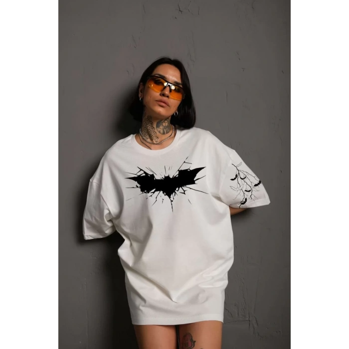 Unisex Ön ve Kol Baskılı Oversize T-shirt - Beyaz