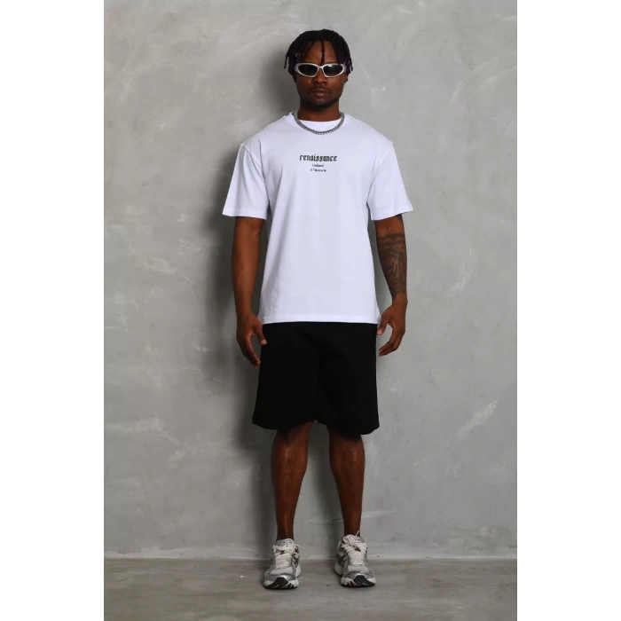 Unisex Oversize Baskılı Bisiklet Yaka T-Shirt - Beyaz