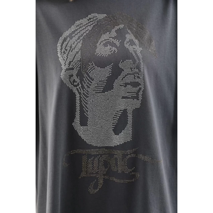Unisex Taş Desenli Oversize T-Shirt - Füme