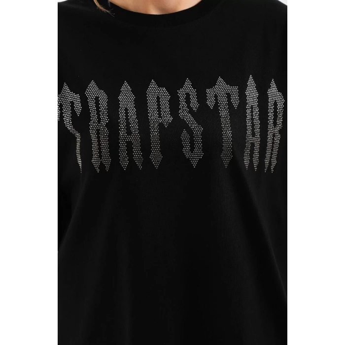 Unisex Taş Desenli Oversize T-Shirt - Siyah