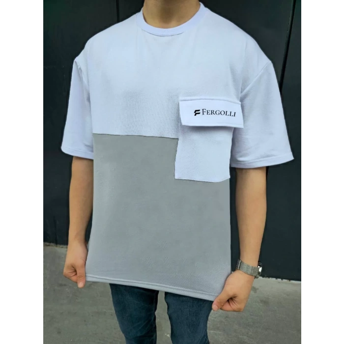 Unisex Torba Cep Detaylı  Parçalı T-Shirt - Gri