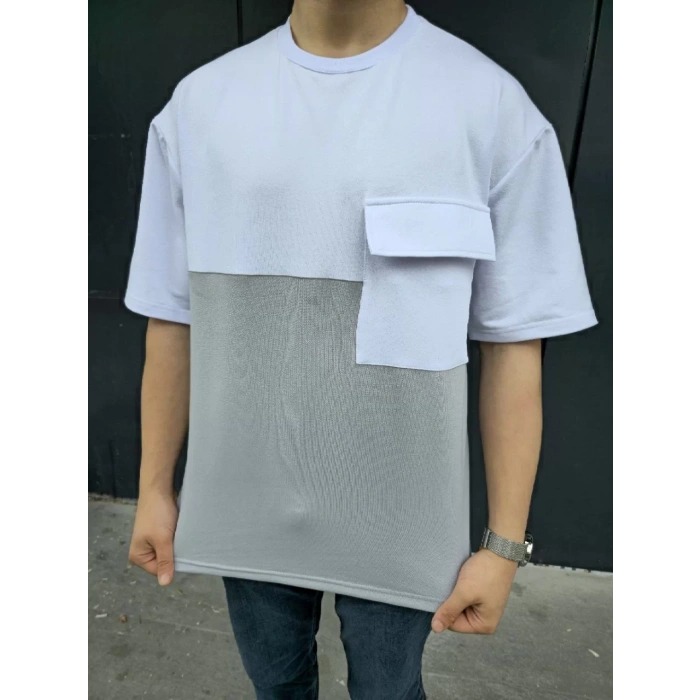 Unisex Torba Cep Detaylı Parçalı T-Shirt - Gri