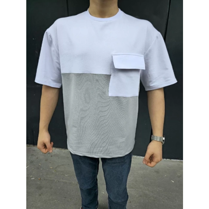 Unisex Torba Cep Detaylı Parçalı T-Shirt - Gri