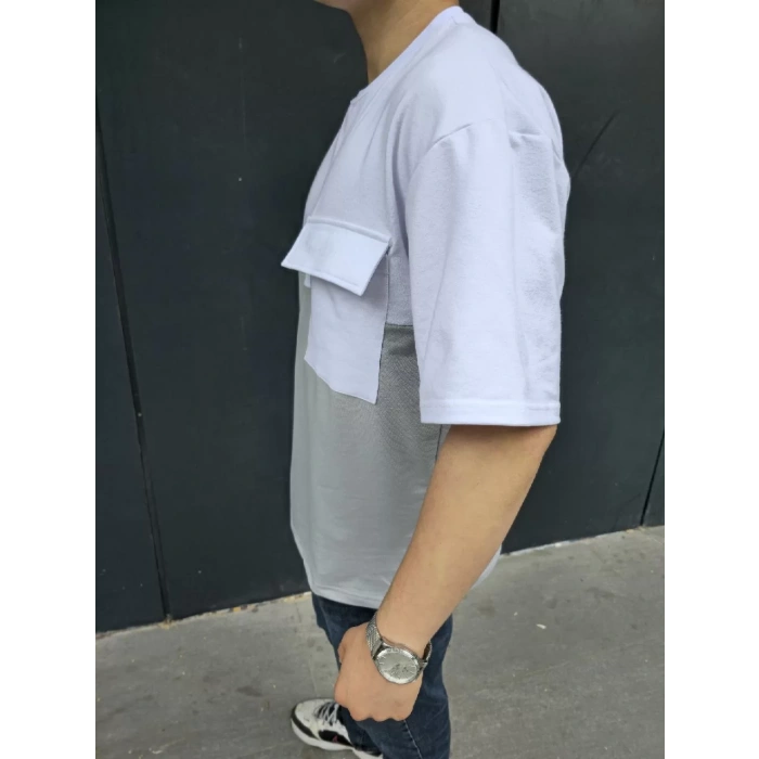 Unisex Torba Cep Detaylı Parçalı T-Shirt - Gri