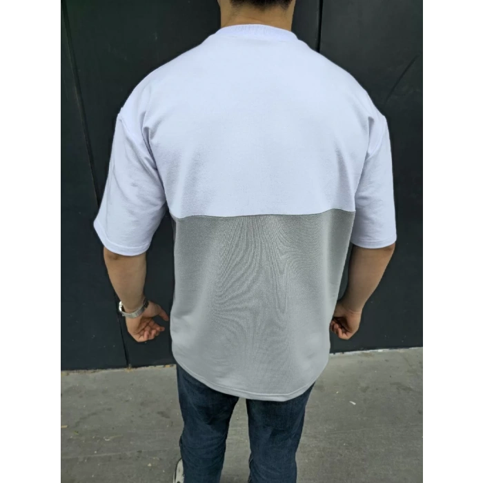 Unisex Torba Cep Detaylı Parçalı T-Shirt - Gri