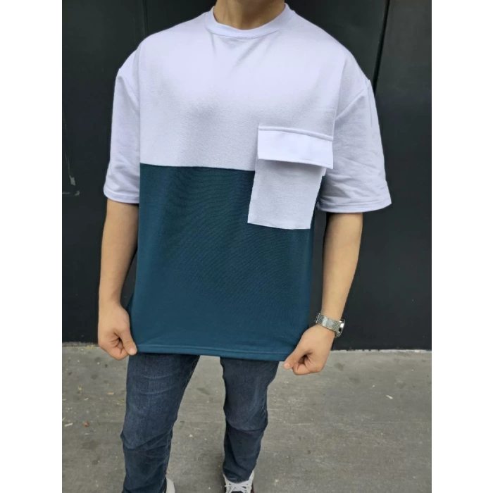 Unisex Torba Cep Detaylı Parçalı T-Shirt - Lacivert