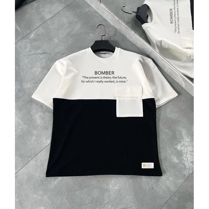 Unisex Torba Cep Detaylı  Parçalı T-Shirt - Siyah