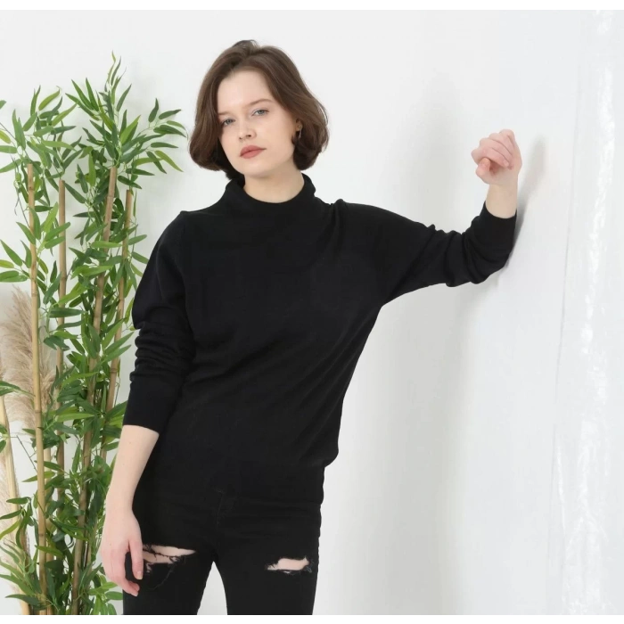 Unisex Uzun Kol Biskilet Yaka Dokuma Triko - Siyah