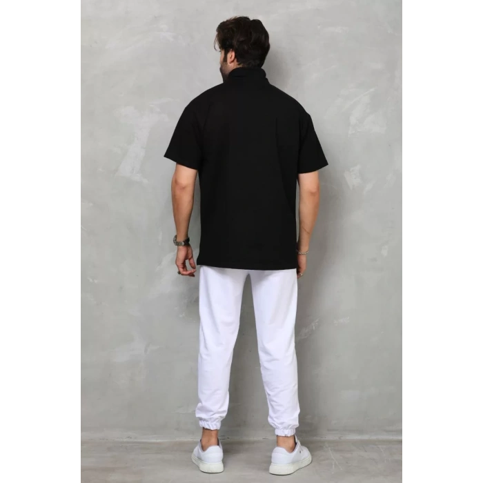 Unisex Yarım Fermuarlı Düz Oversize T-shirt - Siyah