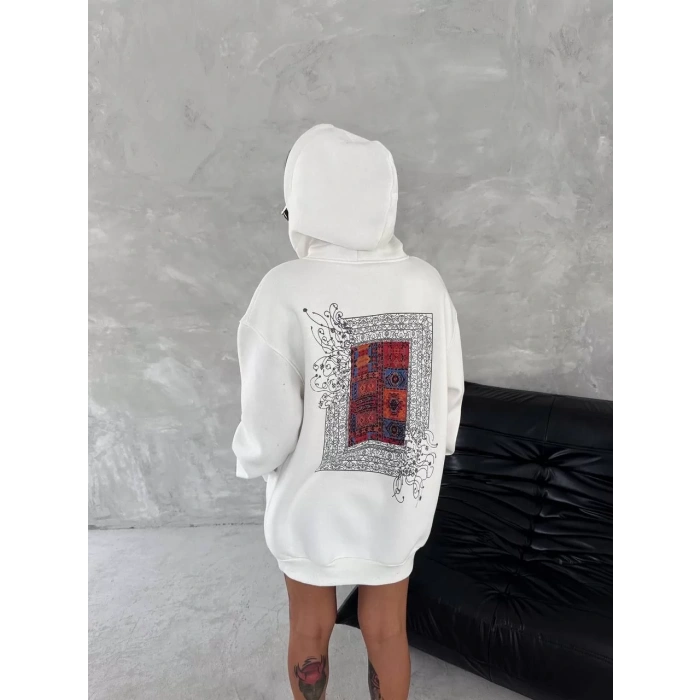 Uzun Kol Kapüşonlu Ön Ve Arka Baskılı SweatShirt - Beyaz