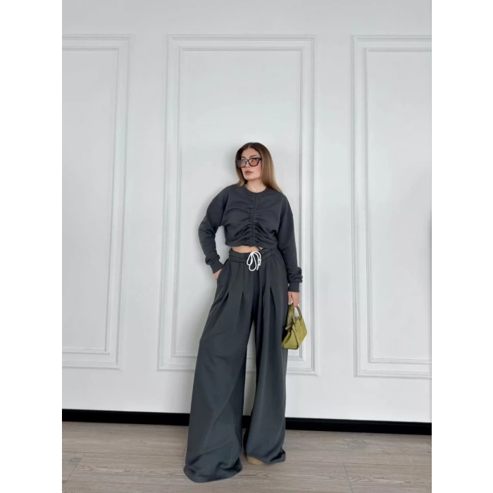 Uzun Kollu Önü İp Büzgülü Crop ve Pantolon İkili Takım - Antrasit