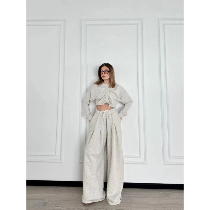 Uzun Kollu Önü İp Büzgülü Crop ve Pantolon İkili Takım - Gri