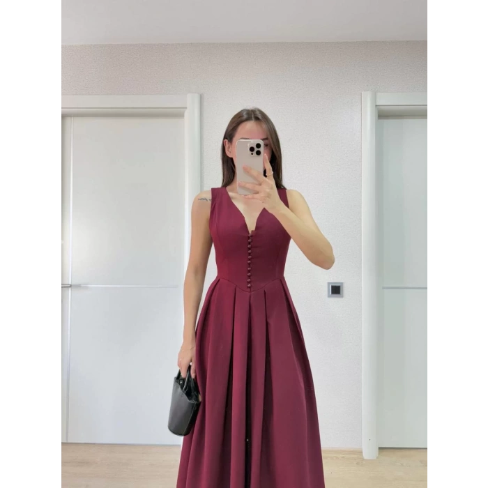 V yaka Krep Arka Ön Pens Detaylı Uzun Kolsuz Elbise - Bordo