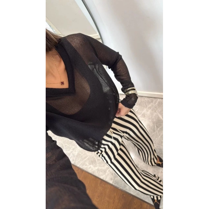 V Yaka uzun Kollu Triko ince Bluz - Siyah