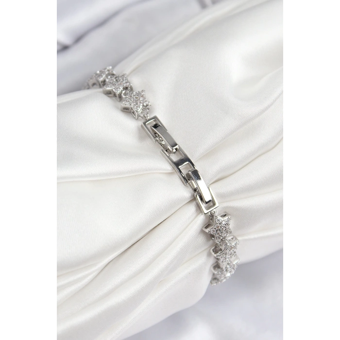 VIP Seri Pirinç Zirkon Taşlı Sıralı Yıldız Model Gümüş Renk Kadın Bileklik