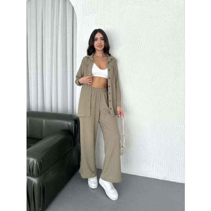 Yakalı Düğmeli Uzun Kollu Gömlek Pantolon ikili Takım - Bej