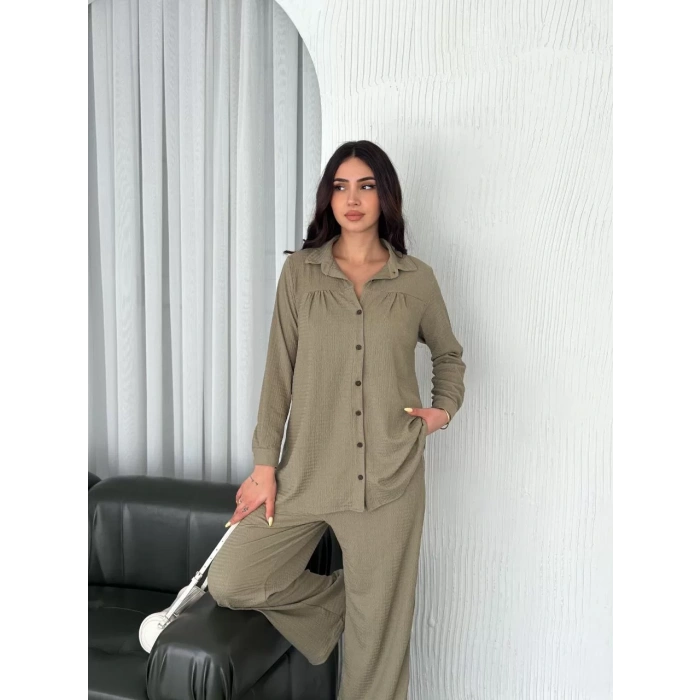 Yakalı Düğmeli Uzun Kollu Gömlek Pantolon ikili Takım - Bej