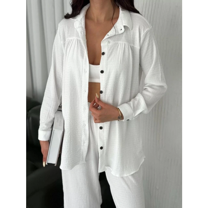 Yakalı Düğmeli Uzun Kollu Gömlek Pantolon ikili Takım - Beyaz