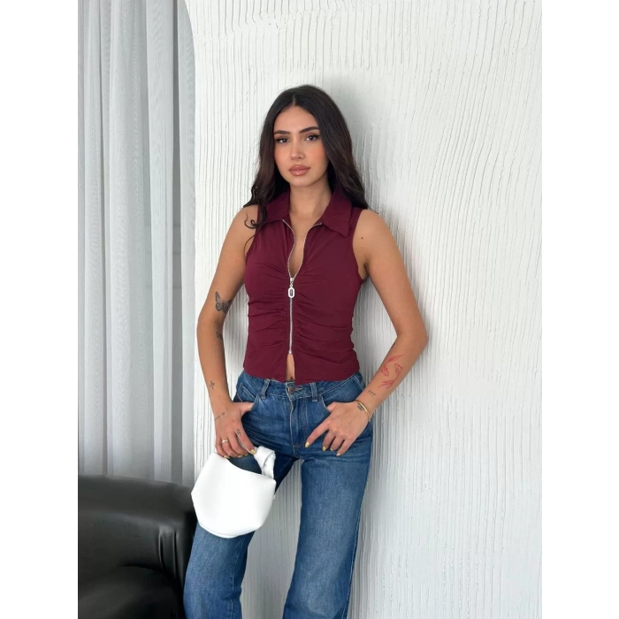 Yakalı Tam Fermuarlı Kolsuz Bluz - Bordo