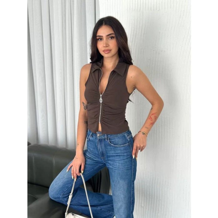 Yakalı Tam Fermuarlı Kolsuz Bluz - Kahverengi