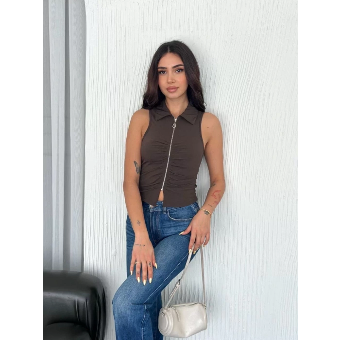 Yakalı Tam Fermuarlı Kolsuz Bluz - Kahverengi