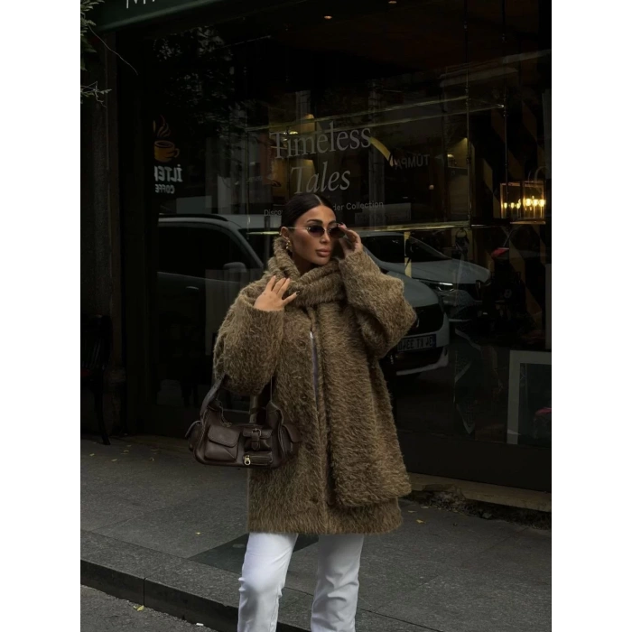 Yün Cıkartılabilen Atkılı ,Kaban İkili Takım- Kahve